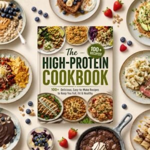 The High-Protein Cookbook digital book displayed with healthy high-protein dishes