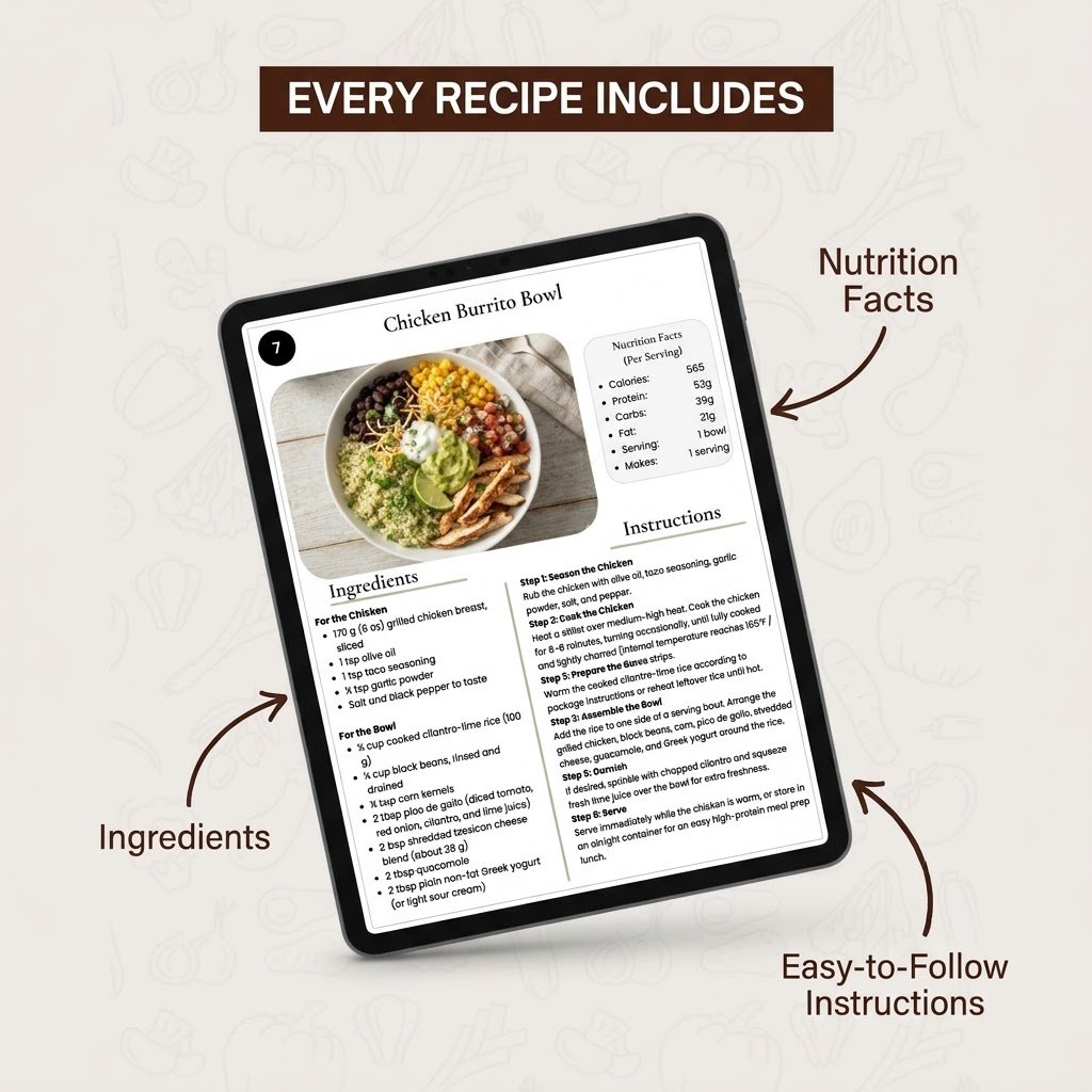 Recipe page showing ingredients, easy-to-follow instructions, and nutrition facts